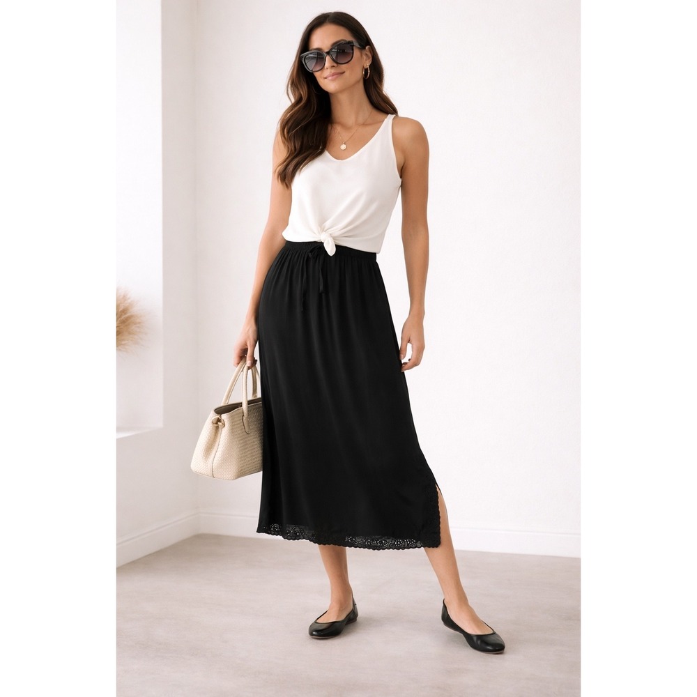 Universal Thread Black Cutwork Midi A-Line Skirt Elastic Waist Flowy Chic M